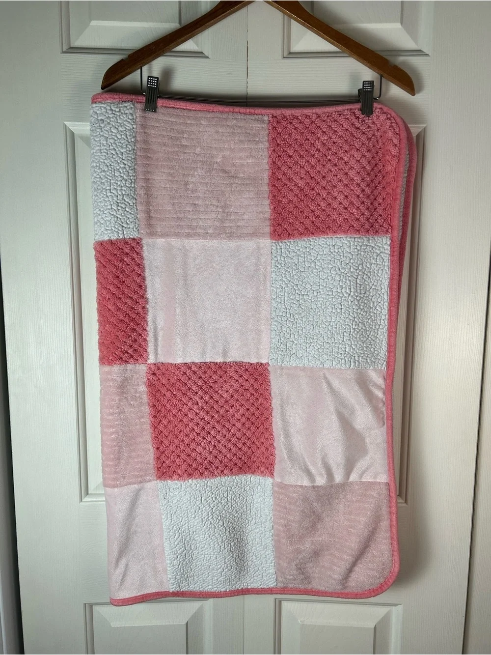 Parent's Choice Pink White Patchwork Squares Baby Blanket Sherpa Coral Peach